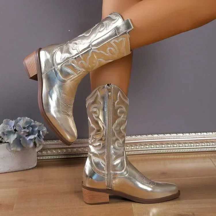 Women Fashion Zipper Knight Boots Ladies Autumn Thick Sole Chunky Heels Boots Pointed Toe Shoes Embroidered Cowboy 2024 Z250704