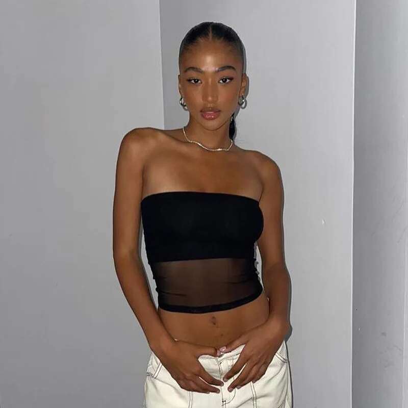 Sexy Vest Mesh Corset Black Crop Women Patchwork Tube Top Sexy Sleeveless Off Shoulder Cami Summer Streetwear Slim Strapless Tank Tops
