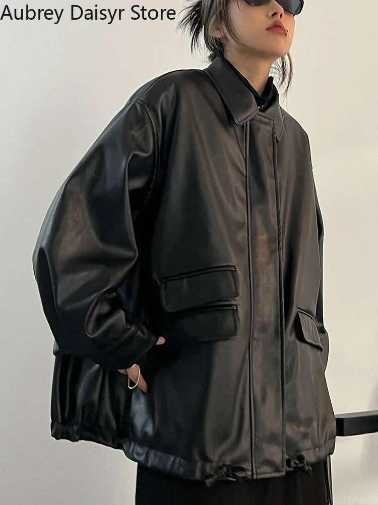 Winter Black Punk Women Streetwear Moto Biker Zipper Coat High Street Casual Vintage Leather Jacket 2023