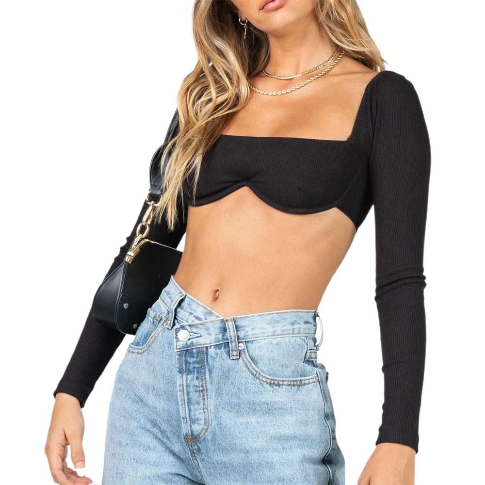 Women's Long Sleeve Bustier Crop Sexy Ribbed Knit Low-Cut Corset Tube Top Vintage Slim Cutout Pullover Blouse Y2k Streetwear