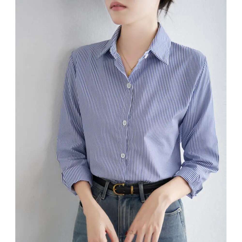 Blue Striped Women Loose Spring Autumn Casual Long Sleeves Shirt Fashion Clothes For Ladies Office Lady Wear
