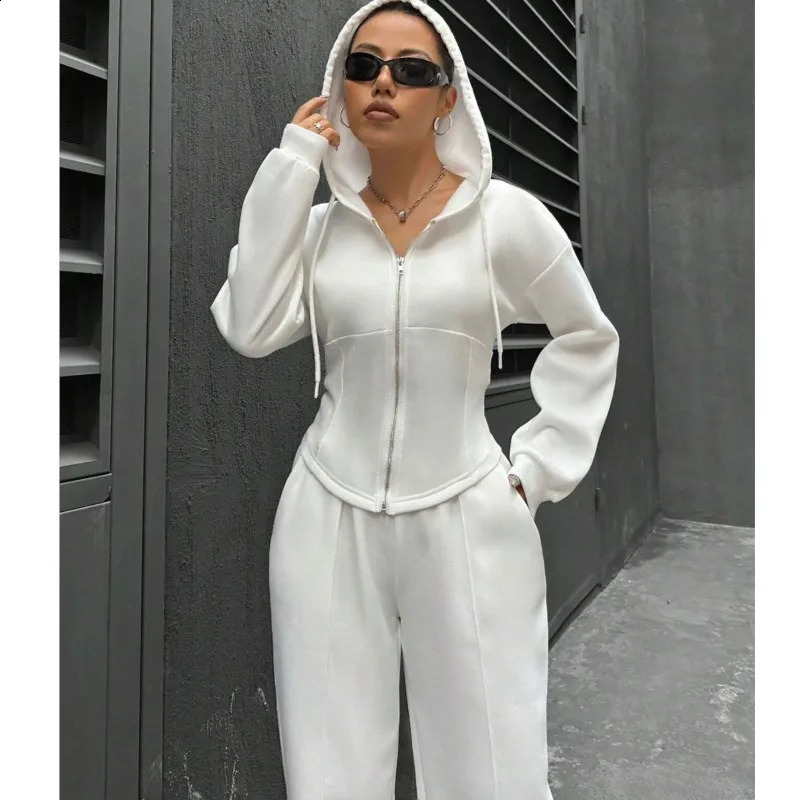 Womens Sports Autumn/Winter Two piece Set Trendy Solid Color Hooded Cardigan Slim Fit Casual Two piece Set for Women 250218