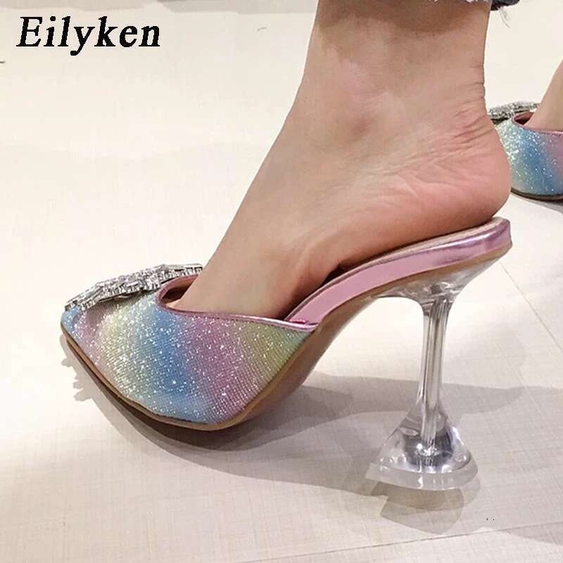 Rhie Women Pumps Sandals Elegant Pointed Toe High Heels Bg Crystal Perspex Spike Heeled Mule Shoes
