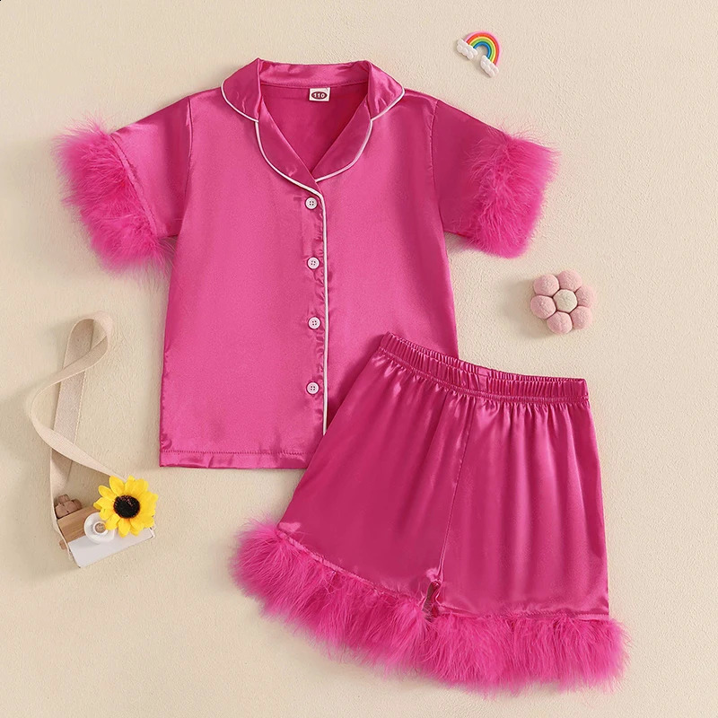 Summer Children Kids Baby Girls Pajamas Sets Satin Feather Patchwork Button Short Sleeves Shirt with Elastic Shorts Loungewear 250218
