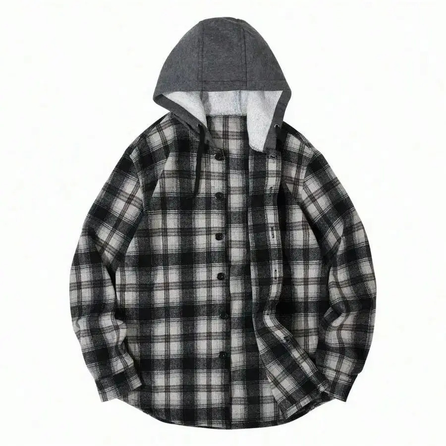 Flannel Hoodies For Men Casual Button Down PlaidLong Sleeve Lightweight Shirts Jackets 250218