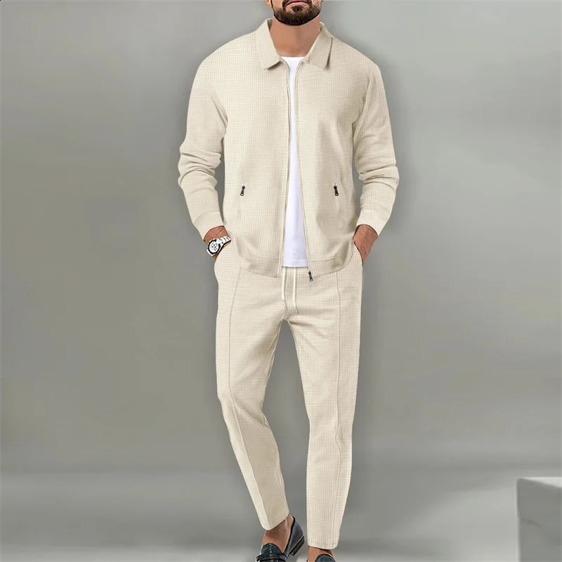 Men Two Piece Tracksuit Set Long Sleeve Zip Up Waffle Jacket Pants Set Loungewear Casual Daily 250218