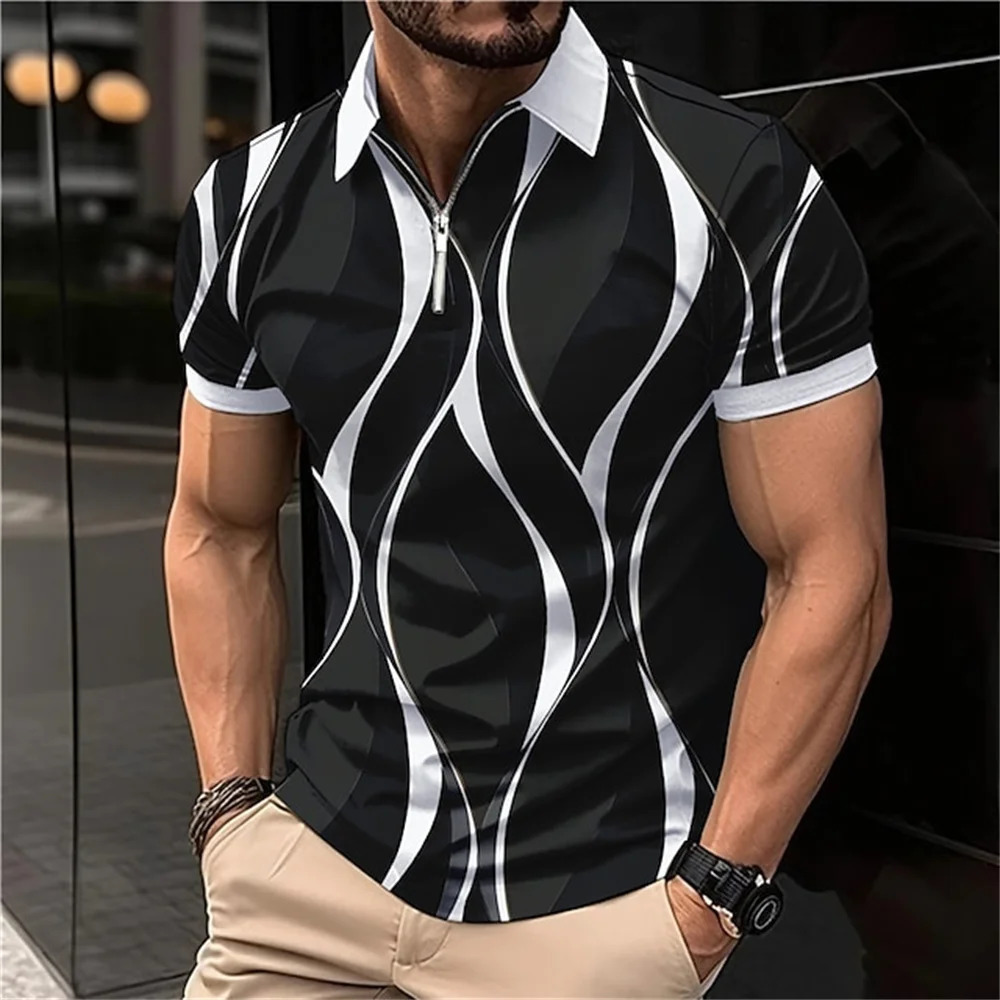 Mens Zipper Collar Polo Shirt Golf Pattern Printed Geometric Lines Folding Short Sleeve Clothing Top Handsome T 250219