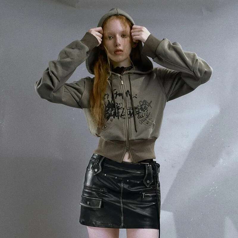 Karrcat Grunge Aesthetics Hooded Coat Vintage Graffiti Print Cropped Jacket Wasteland Punk Knitted Outerwear American Retro Y2k