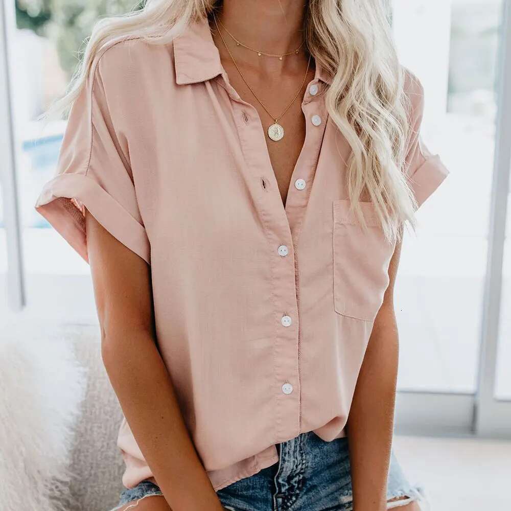 Summer Office Lady Solid Tops And Blouses Casual Turn-Drow Collar T Shirt For Women Elegant Short Sleeve Loose Blouse Tee
