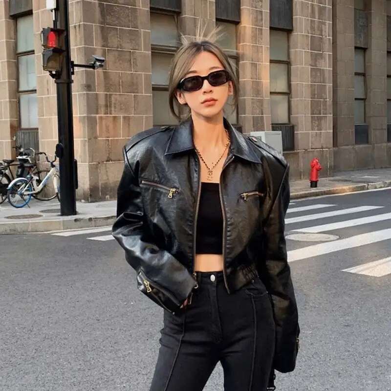 Vintage Pu Leather Motorcycle Bomber Jacket Double Zipper Long Sleeve Streetwear Autumn Short Tops Korean Chic Black Coat
