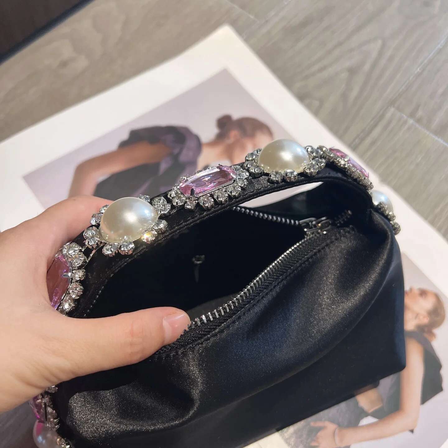 Designer Pearl Beaded Satin Hobo Women Handbag Rhie Dia Evening Wedding Party Clutch Purse Shoulder Bag