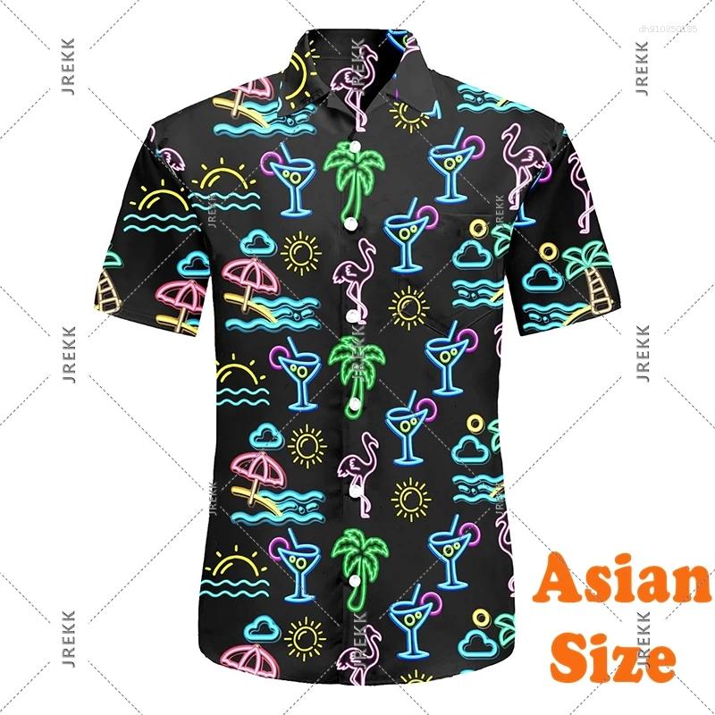 Men's Casual Shirts Neon Print Hawaii Shirt For Clothing Summer Camp Vacation Fashion Button Flamingo Coconut Blouse Top