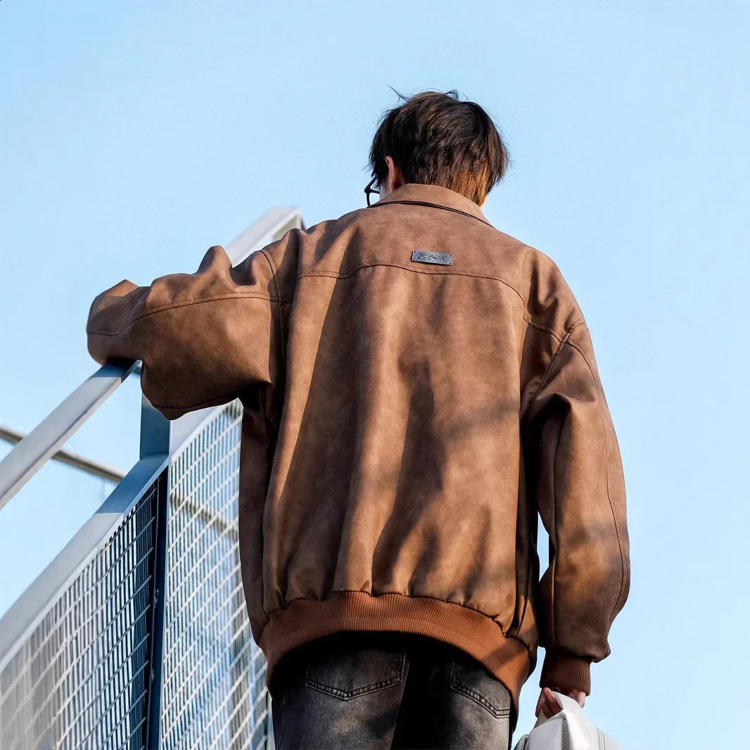 Maillard Brown Leather Jacket For Men Trendy Vintage American Style Loose Fit Fashion Coat Spring Autumn Winter Season 250214