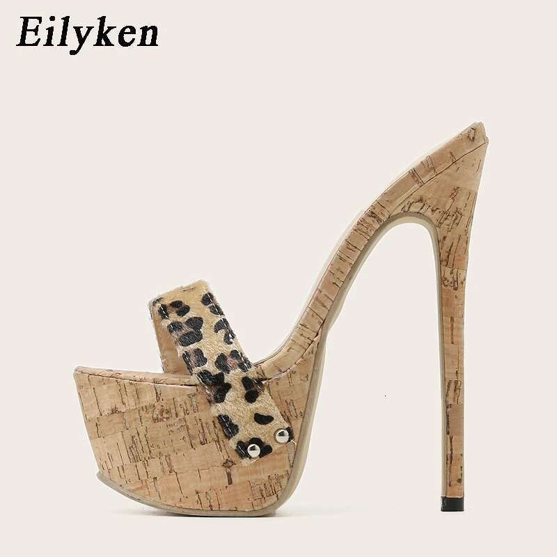 2025 New Summer Leopard Slippers Ladies Fashion Peep Toe Slip On Platform Sandals Mules High Heels 17CM Shoes Size 35-42