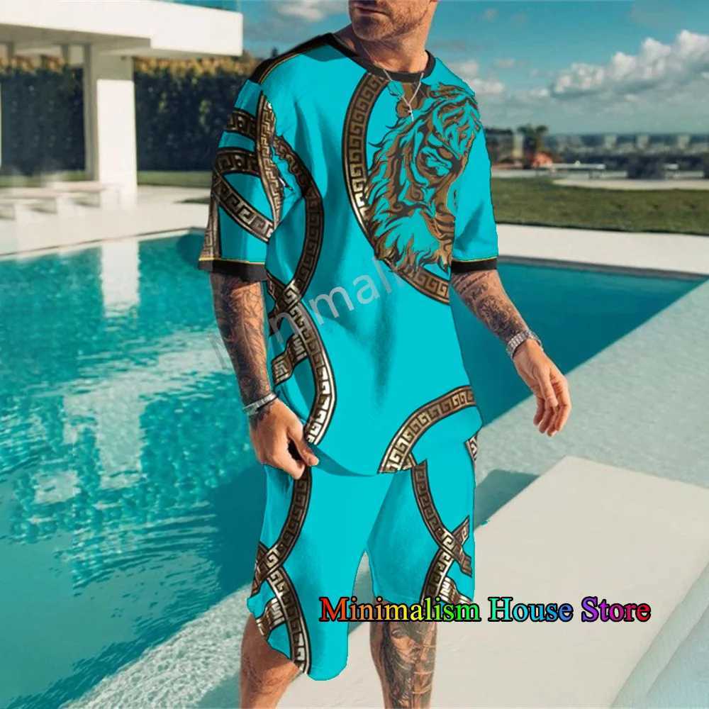 Summer Men Set Fashion 2-piece Set Tiger Print Tracksuit For Men T-Shirt Shorts Suit Casual Oversized Clothes Vintage Sports SetXJ250218