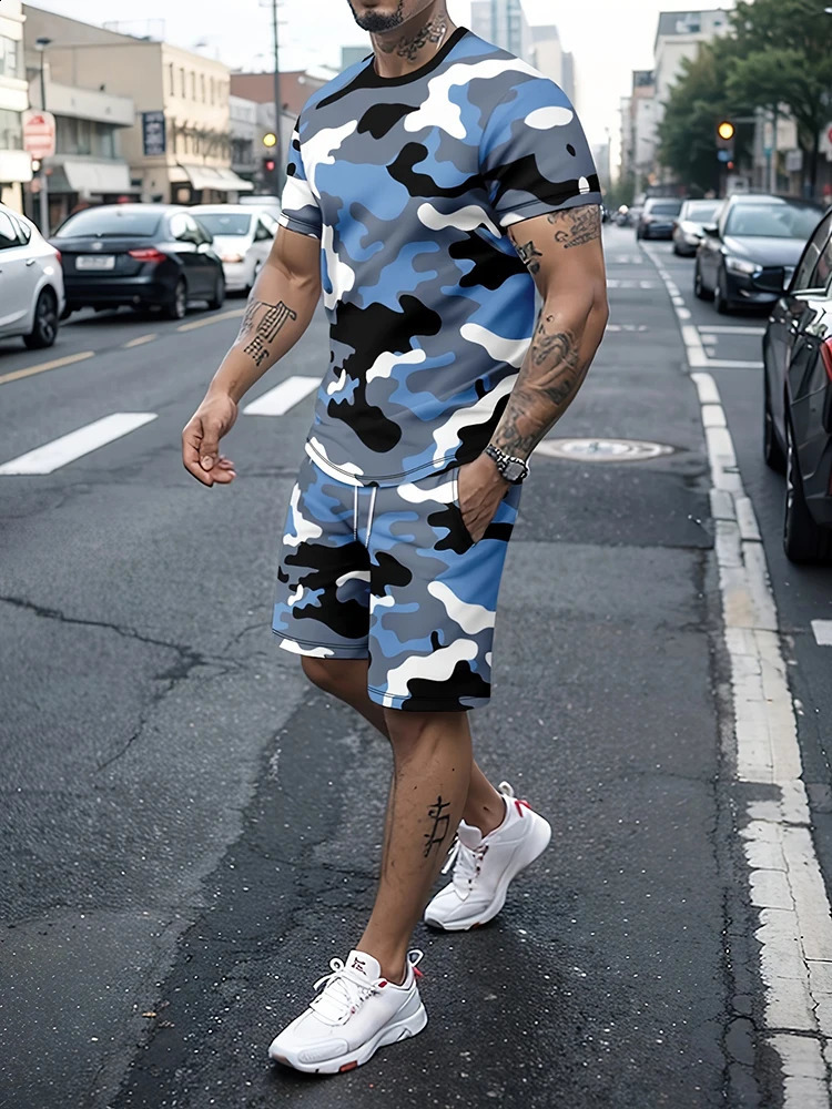 Summer Street Fashion Mens T-shirt And Shorts Set 3D Camouflage Print Mens Short-sleeved Top Outdoor Sports Mens Shorts 250218