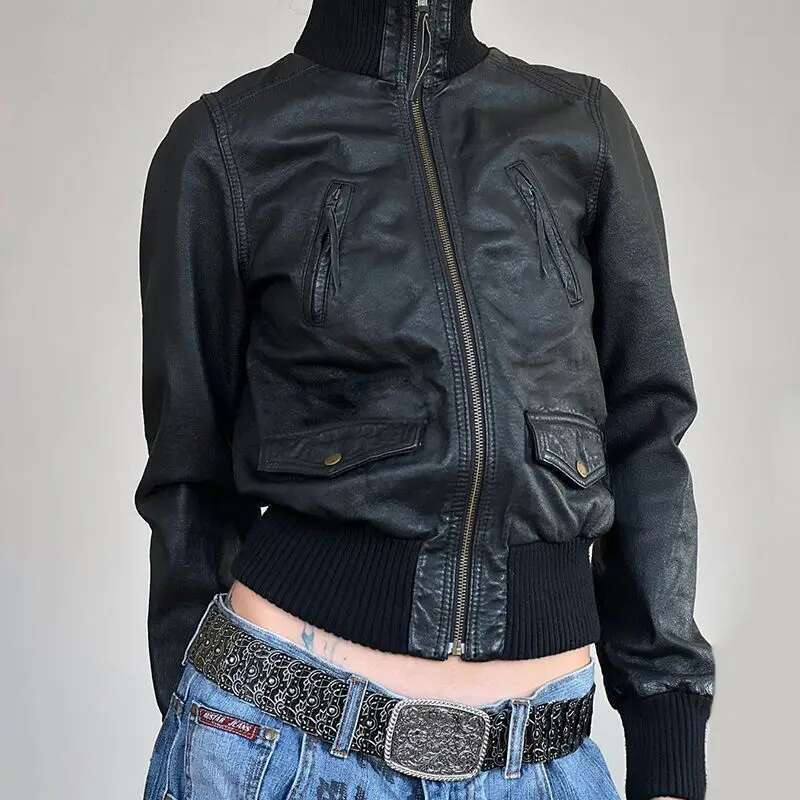 American Style Vintage Workwear Zipper PU Leather Stand Collar Waist-Fitted Screw Thread Sewn Slimming Jacket
