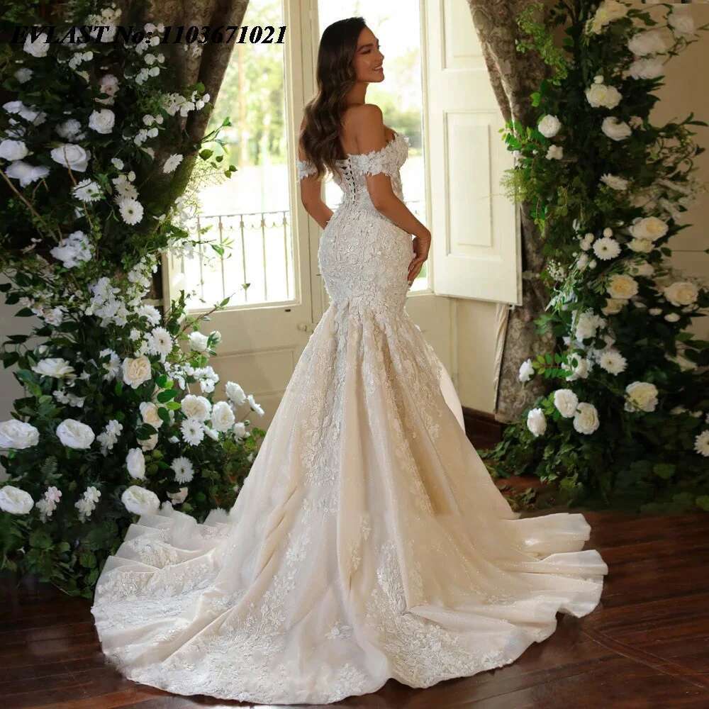 EVLAST Customized 2025 Mermaid Long Dress Lace Applique Beading Vestido Novia Wedding Bridal Gown Robe De Mariee MD02