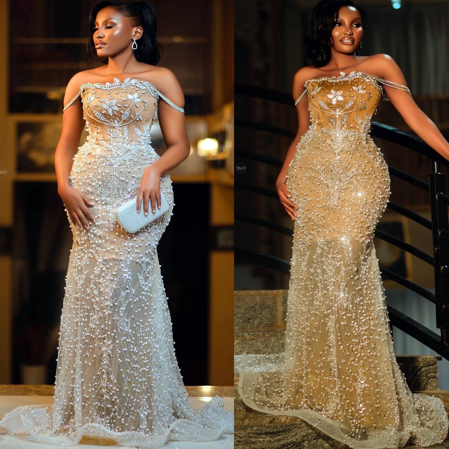 Aso Ebi Gold Mermaid Prom Dresses 2025 Illusion Crystals Pearls Evening Formal Party Second Birthday Engagement Gowns Plus Size Dress For Special Occa