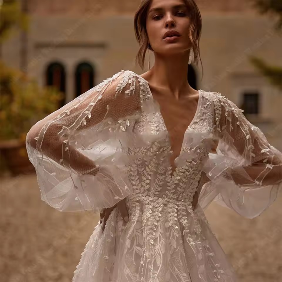 Pleat A Line Wedding Dress 2025 Side Slit Vestido De Noiva Satin Appliqued Women V Neck Bridal Gown Bridal Party Gowns Custom Made Beach Brides Gowns 