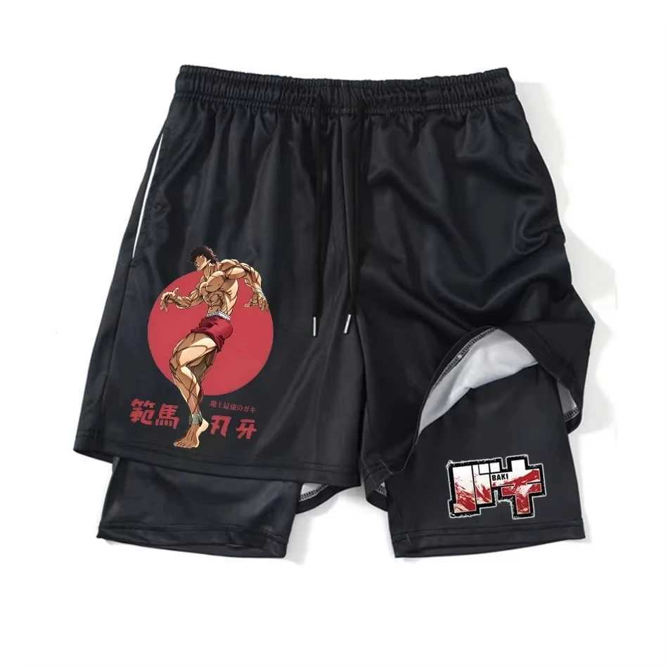 Anime Hanma Baki Gym Shorts Black for Men 2 In Mesh Quick Dry Board Shorts Mens Bodybuilding Fitness Running Short Pants Summer W250219