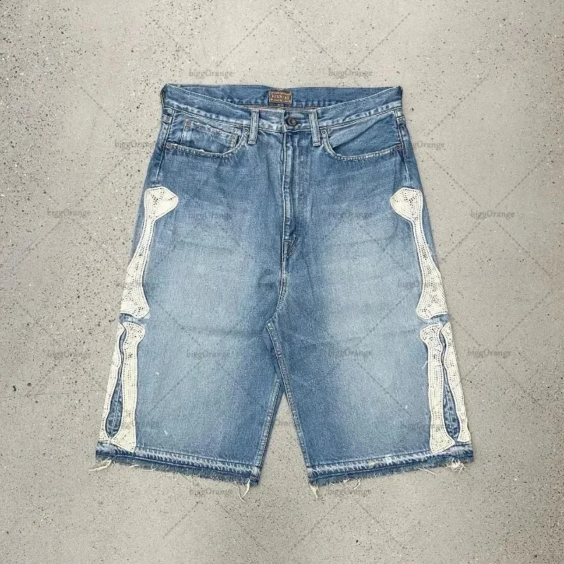 European and American Summer Retro Skeleton Denim Shorts Sports Casual Shorts Couple Wear Street Wear Five-Fifth Pants 250218