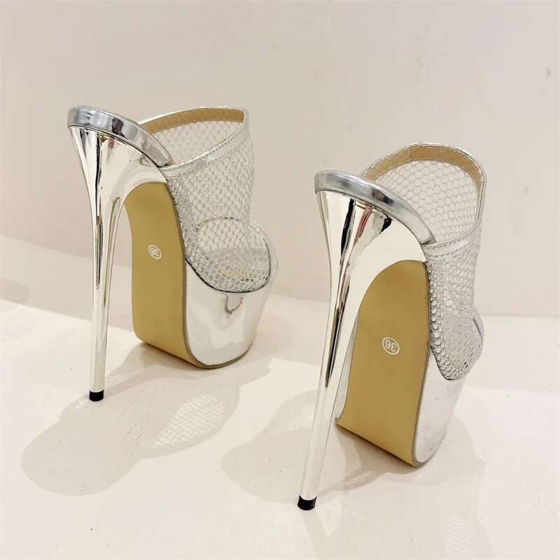 2025 New Design Mesh Fabric Sexy Women Slippers Platform Peep Toe Nightclub Stiletto High Heels Gold Sier Female Shoes