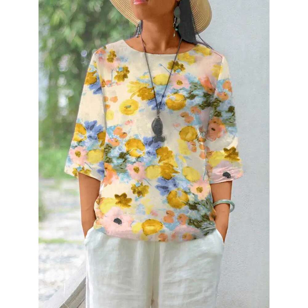 ZANZEA Women Cotton En Blouses 2024 Summer Bohemian Ral Printed Blusas Fashion 3/4 Sleeve O-Neck Top Casual Loose Shirts