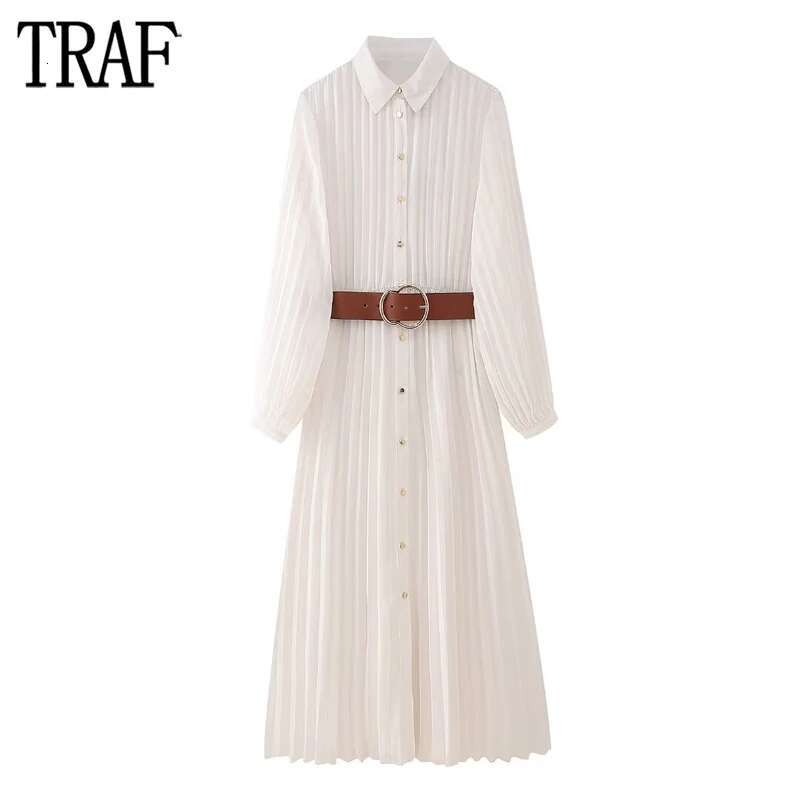 Pleated Shirt Women Belt Chiffon Midi Dresses For Sleeve Office Female Summer Long Dress Woman