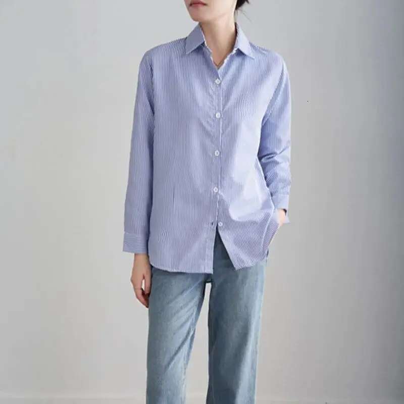Blue Striped Women Loose Spring Autumn Casual Long Sleeves Shirt Fashion Clothes For Ladies Office Lady Wear