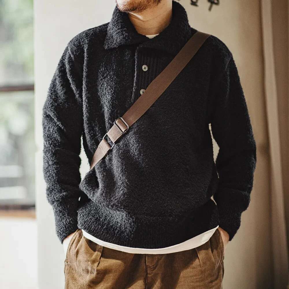 Men Heavyweight Knit Sweater 2024 Autumn Winter Long Sleeve Turn-Down Collar Loop Yarn Polo Shirt Warm Pullover Knitwear