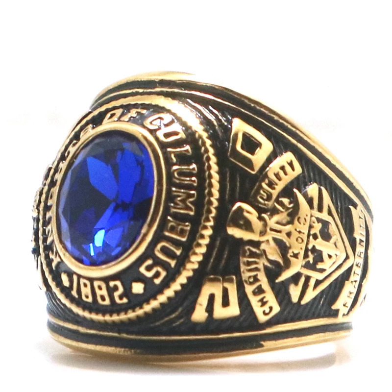 Unisex 316L Stainless Steel K of C Christianity Catholicism Blue Stone Gold-Color Ring Since 1882 250213
