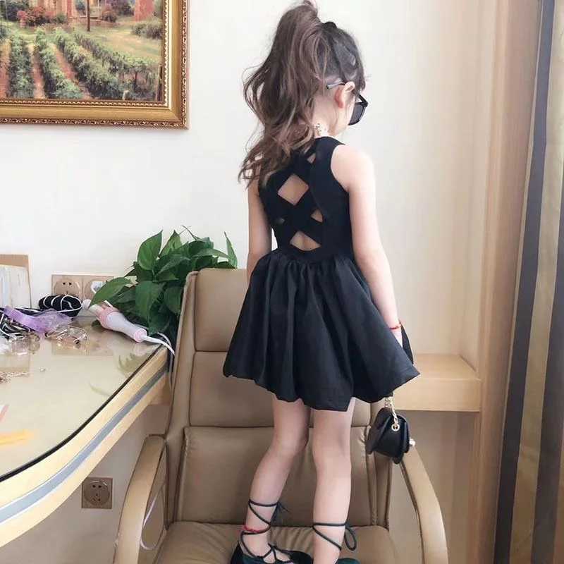 2024 Summer Girls Elegant Goth Dresss Black Sleeveless Tutu Dress Backless Off Shoulder Party Kid Dresses 2 4 5 6 7 8 Years OldT250219
