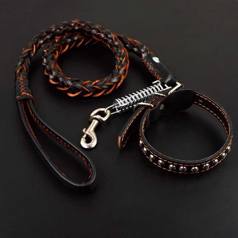 Pet Leather Dog Collar Leash For Large Dog Leather Dog Traction Drag Tow Rope Chain Pet Dog Supplies Accessories Prevent RunawayXJ250218