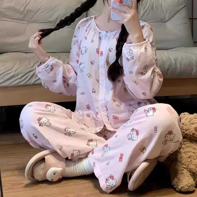 Hello Kittys Womens Pajamas Sanrioed Anime Printed Sleepwear Pants Set Spring Autumn Kawaii Cartoon Soft Casual Girl Loungewear Z250219
