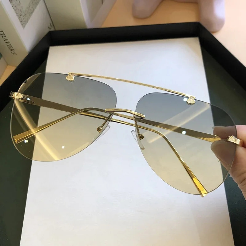 Vintage Rimless Alloy Aviation Pilot Sunglasses for Men Gradient Sun Glasses Female Metal Oval Shades Black Brown 250214