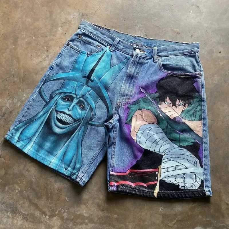 American Classic Personality Trend Animation Printed Super Large Denim Shorts Men Y2k Harajuku Hip-hop Versatile Jeans Women W250219