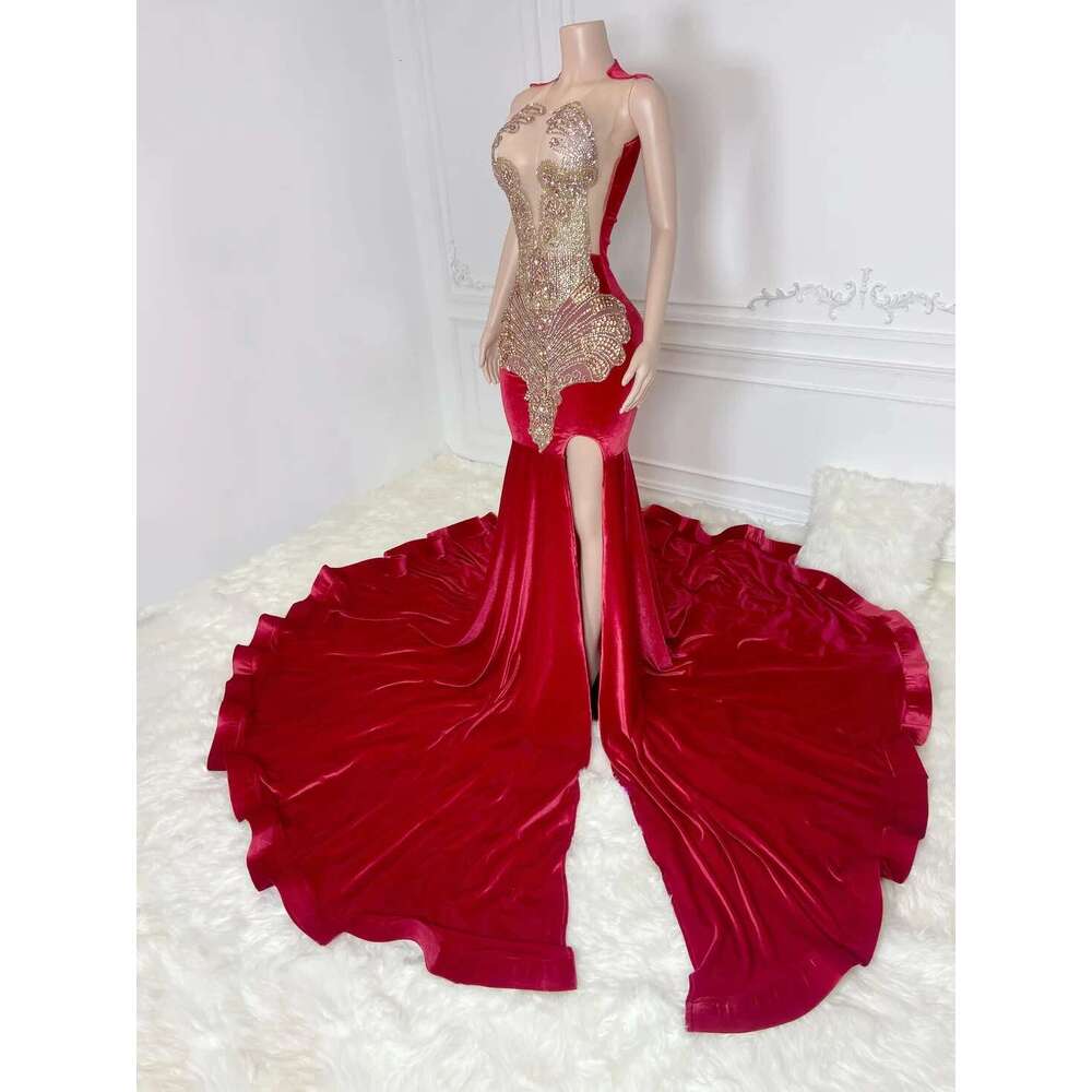 Slit Veet African American Long Prom Dresses For Black Girls Mermaid Sheer Beaded Crystals Women Party Evening Gown Customized