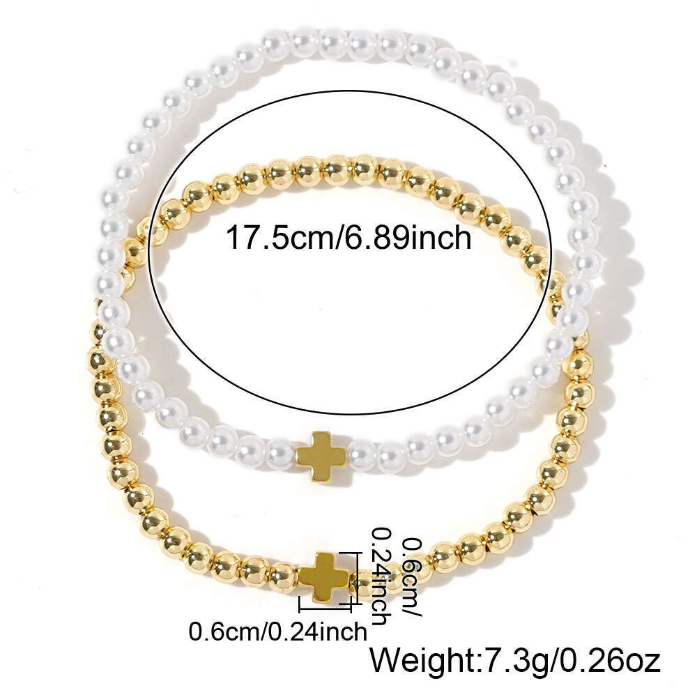 Fashionable and Personalized Iron Gallstone Cross Imitation Pearl Stacked Bracelet, Copper Bead Beaded Women's Bracelet