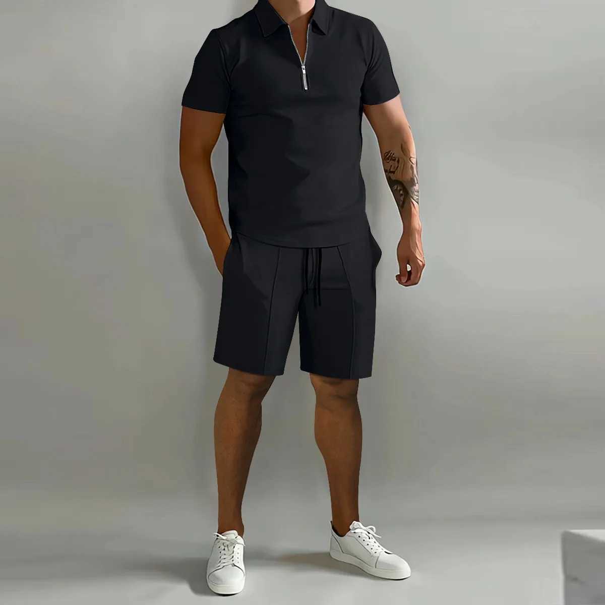 Mens suit solid color polo shirt lapel vertical strip pants short sleeve shorts sports casual loose fashion mens wearXJ250218
