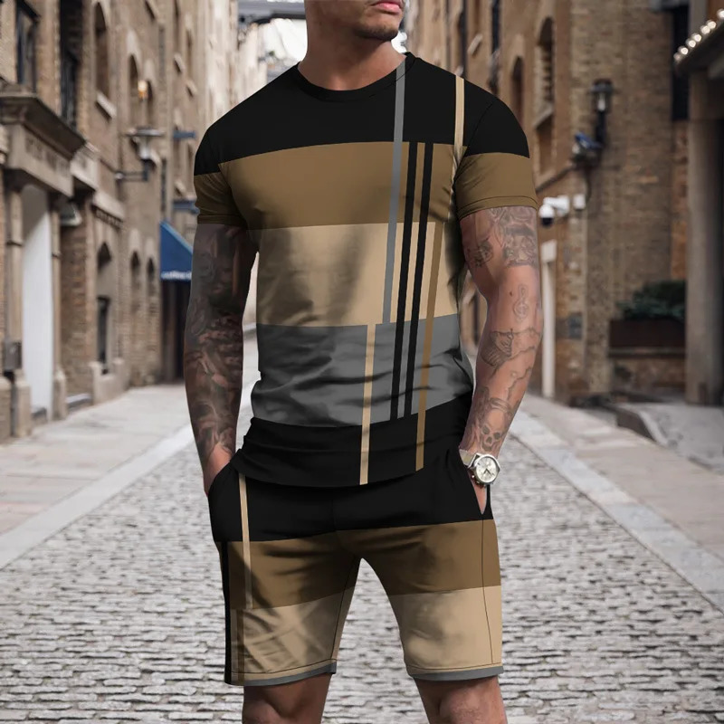 Summer Mens Sportswear Stripe Sets Short-sleeved T-shirt Suit Oversized Shorts Sports Two-piece Outfit Male Clothes 250218