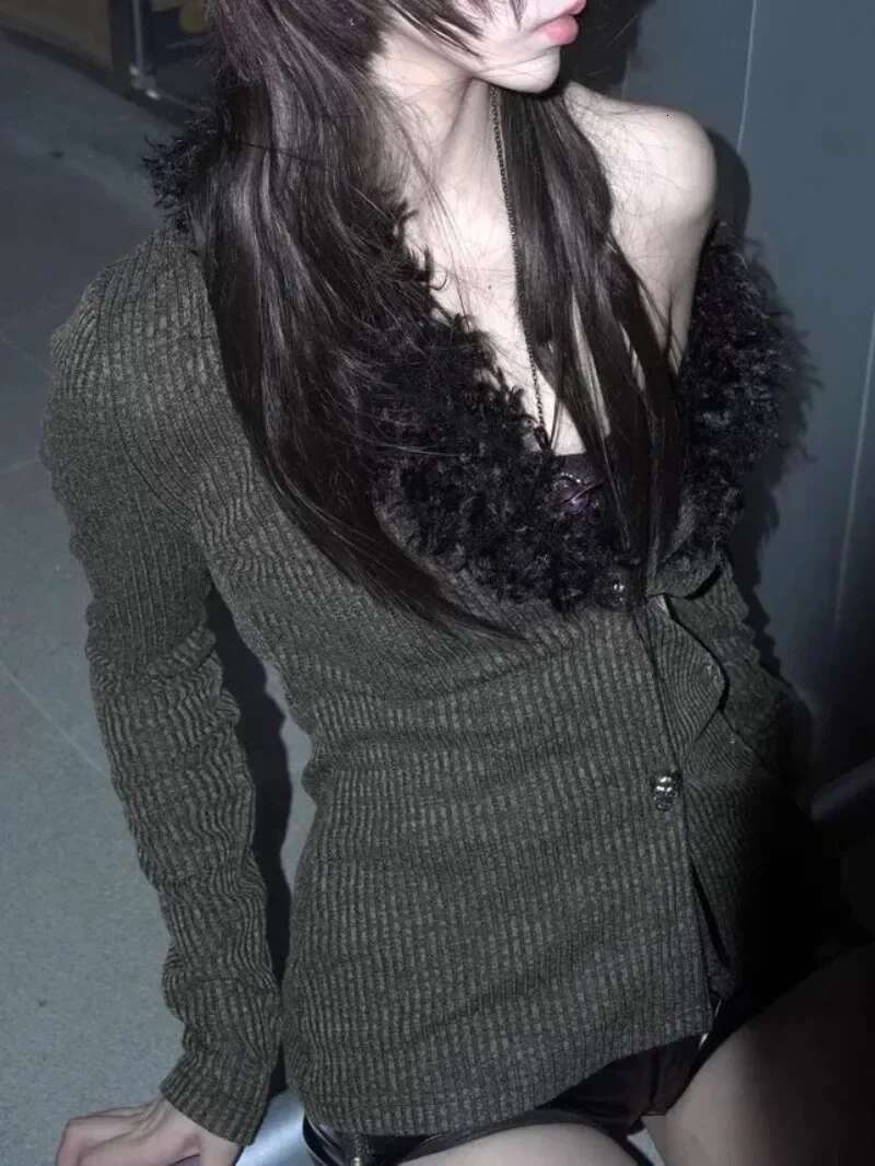 Vintage Punk Y2k Aesthetic Faux Far V Neck Button Cardigan Autumn American Haruku Print Office Lady Clothes Subcultural Shirts