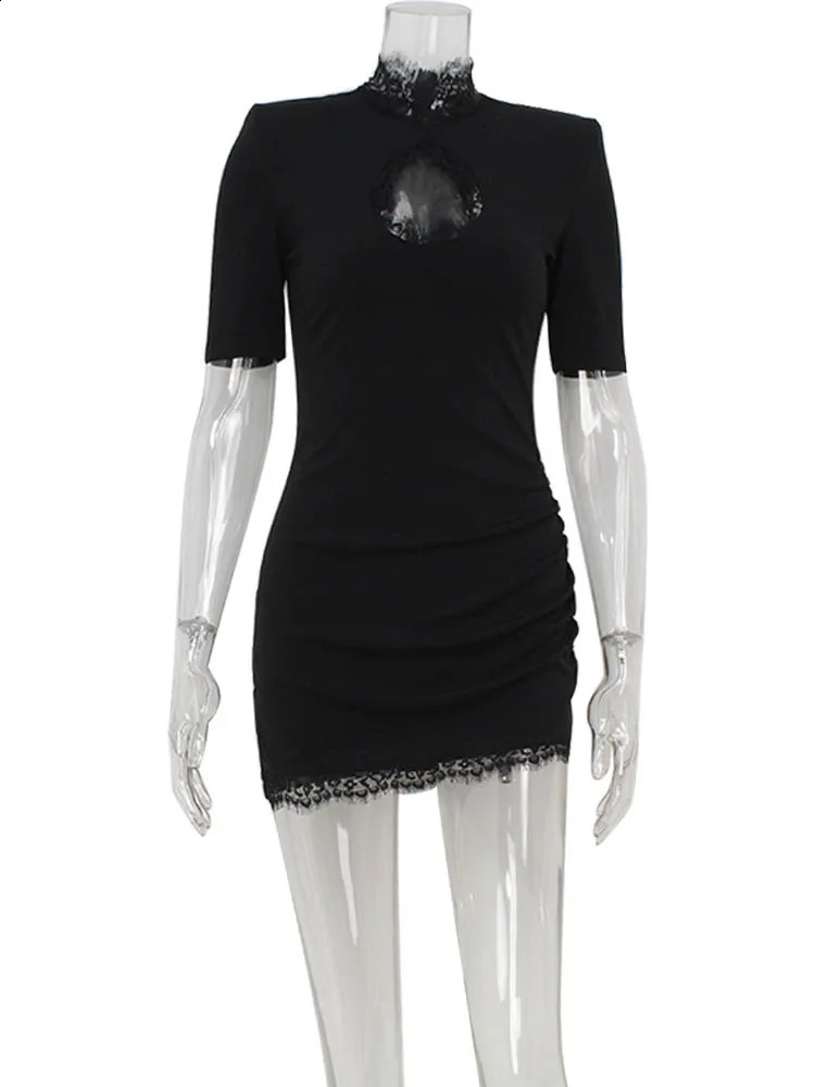 Ahagaga Sexy Sheath Womens Mini Dresses Solid Lace Turtleneck Slim Fit Bodycon Hollow Out Half Sleeves Streetwear Vestidos Robe 250218