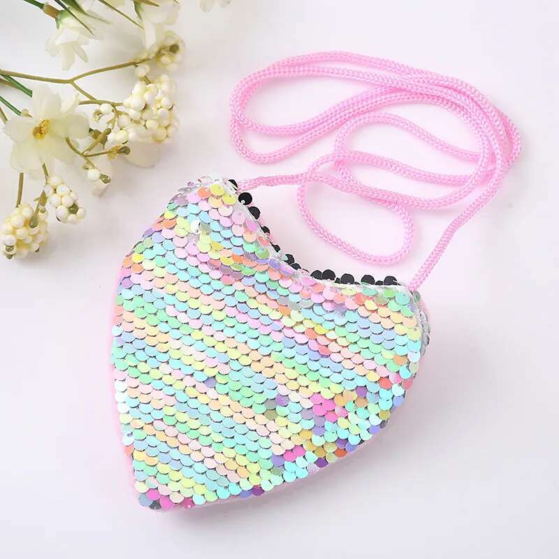 Ddmyshoesvip Princess Sequins Heart Shape Baby Bag Cute Solid Color Kid Coin Purse For Toddler Girl Shiny Children Shoulder Handbags