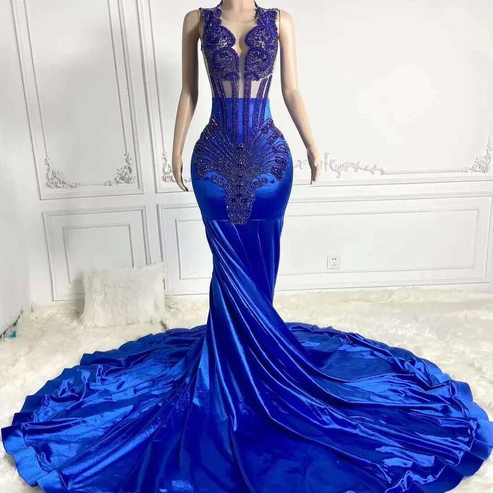 Royal Blue Sheer African American Long Prom Dresses For Black Girls Mermaid Beaded Crystals Nigeria Evening Gown Customized