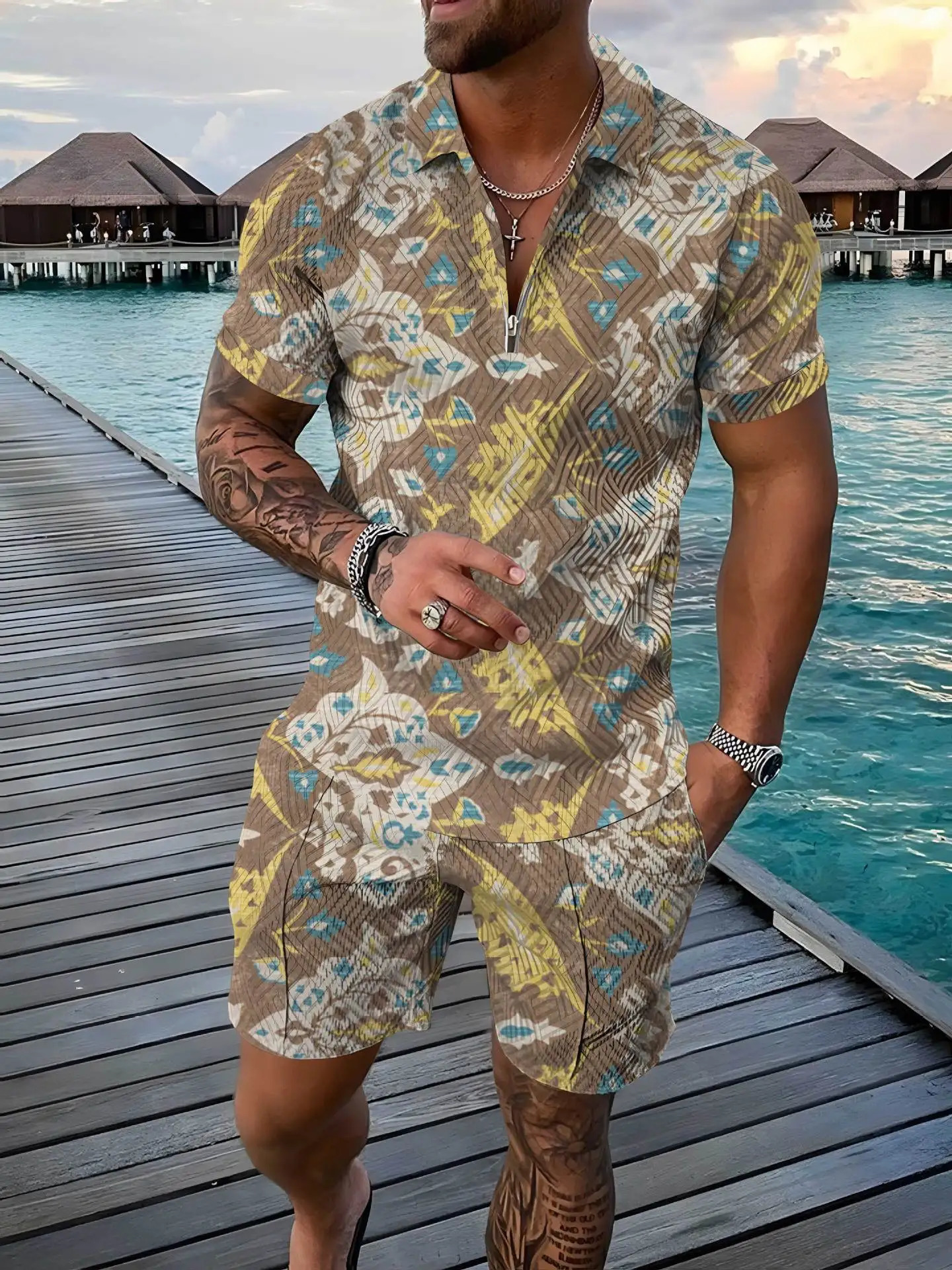 Vintage Bohemian wind Polo Set 3D Print shirt 2pcs Zipper Sets CollarShorts Hawaii Holiday Style Man Clothing 250219