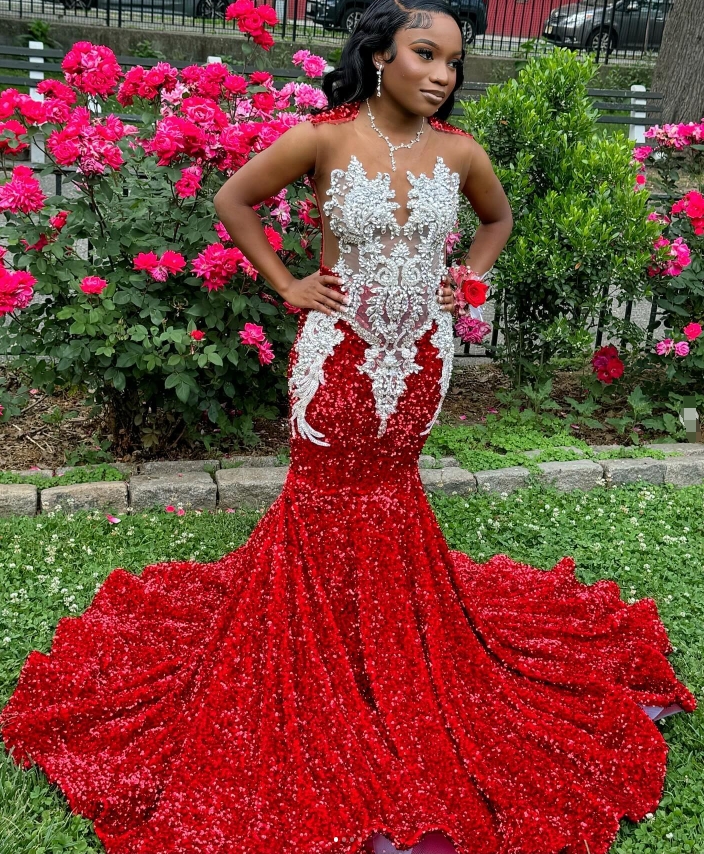 Luxury Red Evening Dress With Crystal Mermaid Sequin Black Girls Prom Dress Plus Size Illusion Formal Birthday Party Ceremony Event Occasion 2025