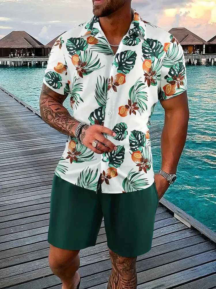 Hawaiian Mens Short-sleeved Shirt And Beach Shorts Set Summer Casual Mens Shirt Beach Vacation Loose Breathable Mens ShortsXJ250218