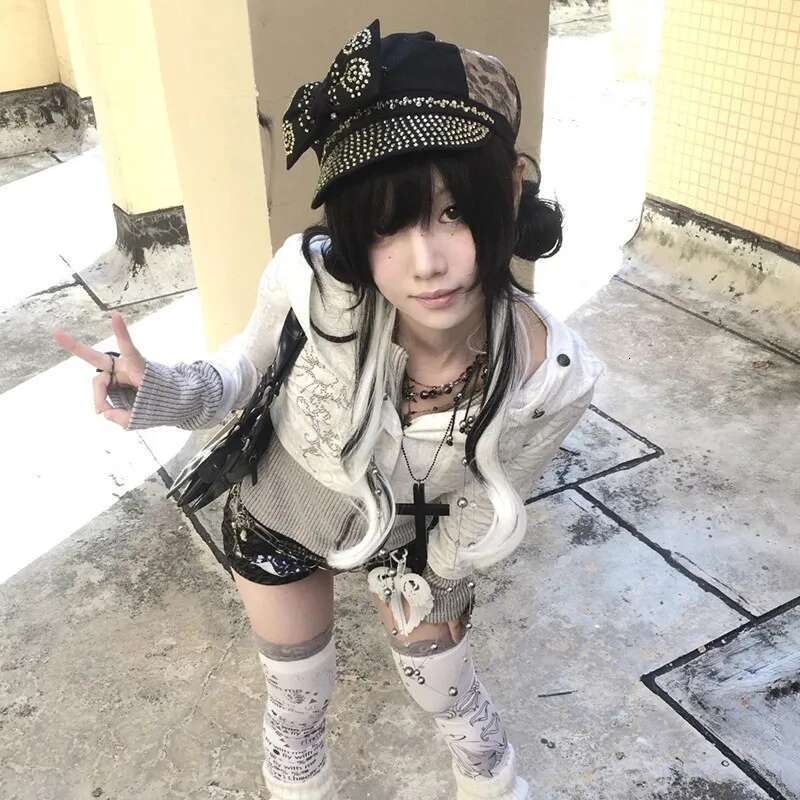Karrram Japanese Y2k Fake Two-piece Knitted Tops Trashy 2000s Hooded Jacket Vintage Haruku Knitwear Grunge Aesthetics American