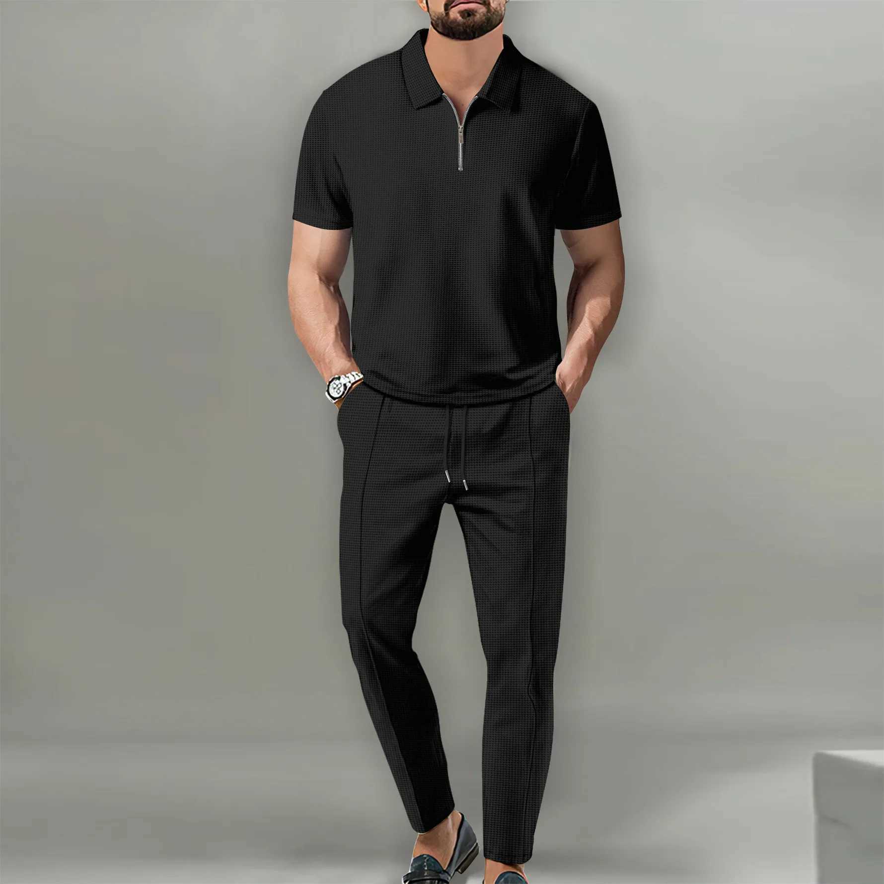 2025 New Mens POLO Shirt 2 Sets Casual Fashion Commercial Breathable Lapel Pants pull rope Solid Color Men 2 setsXJ250218